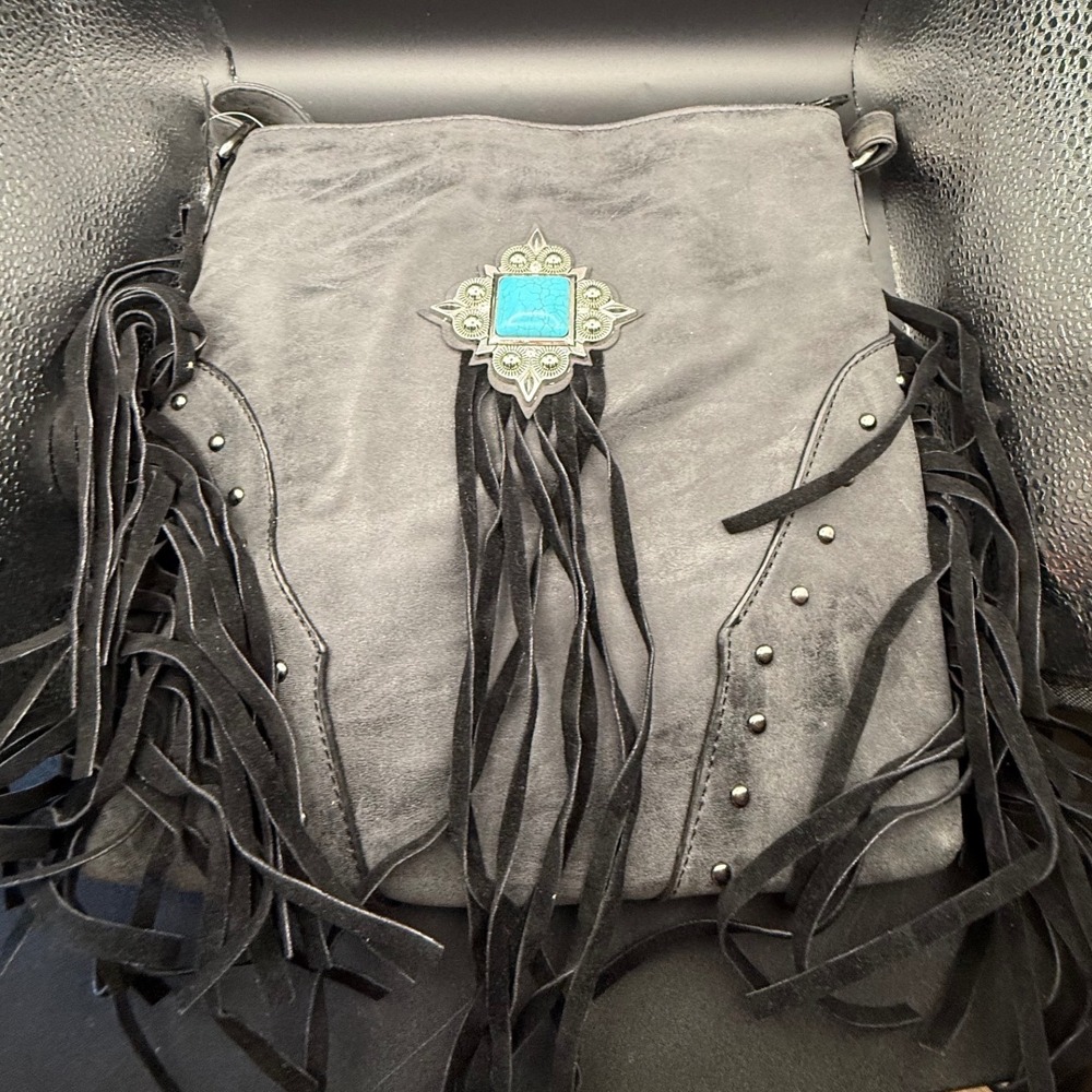 Heritage West Western‎ Handbags Black Faux Leather Fringe Turquoise Crossbody